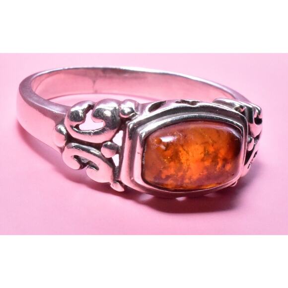 VTG Sterling Silver Amber Gemstone Damask Floral Motif Ring Approximate Size 9 - Picture 13 of 16